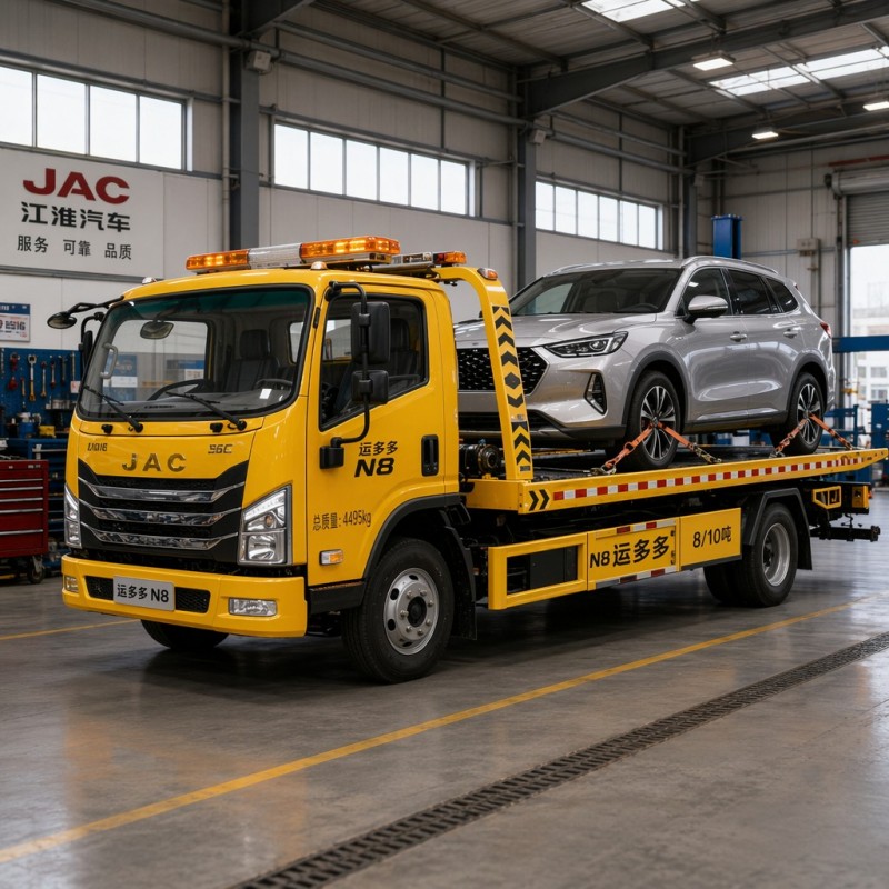 JAC N8 8-tonowy holownik z platformą i silnikiem Cummins o mocy 160 KM